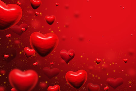 red hearts and golden dust abstract background for valentines day greeting card or festive wallpaper. Copy space for textの写真素材