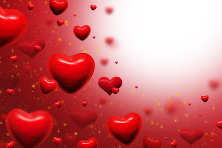 red hearts and golden dust abstract background for valentines day greeting card or festive wallpaper. Copy space for text. High quality photo collage, 3D illustrationの写真素材