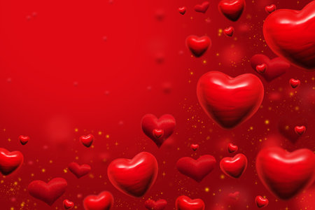 red hearts and golden dust abstract background for valentines day greeting card or festive wallpaper. Copy space for text. 3D illustrationの写真素材