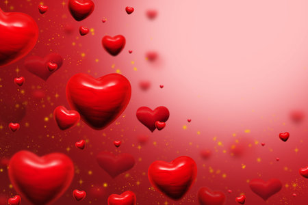 red hearts and golden dust abstract background for valentines day greeting card or festive wallpaper. Copy space for text. High quality photo collage, 3D illustrationの写真素材