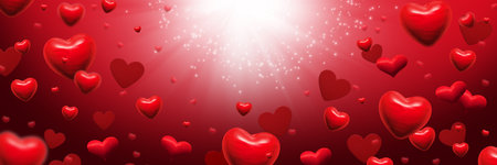 red hearts on red-white abstract background with sparkles for valentines day greeting card, banner or festive wallpaper. Copy space for text, 3d illustrationの写真素材