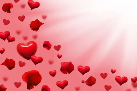 abstract red hearts and rose petals on red-white background for valentines day, wedding and greeting cards. Copy space for text. 3D illustrationの写真素材