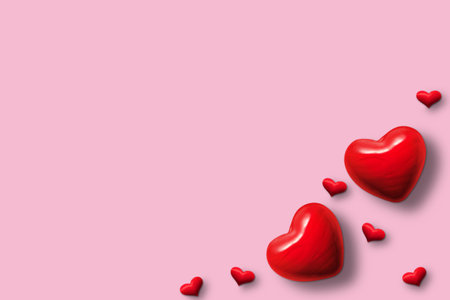 abstract red hearts on pink background for valentines day, wedding and greeting cards. Copy space for text. 3D illustrationの写真素材