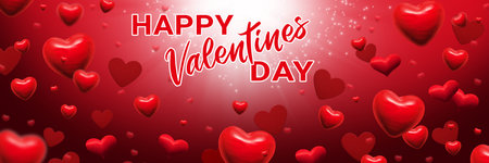 red hearts on red-white abstract background with sparkles and text Happy Valentines Day. Valentines day greeting card, banner or festive wallpaper. 3d illustrationの写真素材