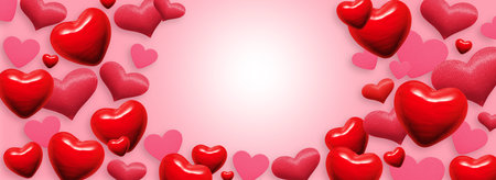 Many abstract hearts different sizes and patterns on pink background for valentines day greeting card, banner or festive wallpaper. Copy space for text, 3d illustrationの写真素材