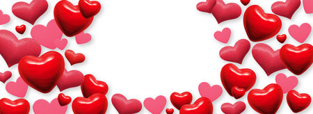 Many abstract hearts different sizes and patterns on white background for valentines day greeting card, banner or festive wallpaper. Copy space, 3d illustrationの写真素材