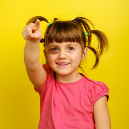 Portrait of smiling little caucasian girl with pigtails and bruise under the eye and pointing up with her finger.の写真素材