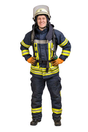 Young brave man in uniform and hardhat of firefighter isolated on whiteの写真素材