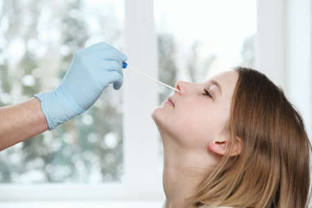 Female doctors hand in medical glove with a cotton swab takes an analysis from the nose of young caucasian teenage girl.の写真素材
