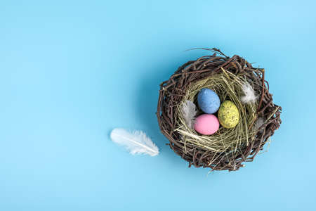 Top view of painted easter egg nest flat lay. Minimal easter holiday concept background. Copy space for textの写真素材