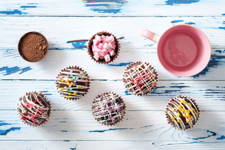 Cocoa bombs are black chocolate shells filled with cocoa powder and marshmallows that melt when hot milk is added, open in a mug and create a trendy delicious drink. Top view, flat layの写真素材