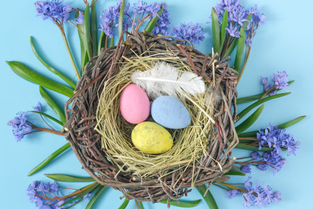 Top view of easter egg nest on snowdrops flowers flatlay. Spring season concept background. Trendy minimal design. Copy space for textの写真素材