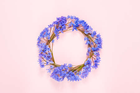 Round frame, wreath made with snowdrop flowers on pink pastel background. Spring flowers concept, copy space for text, creative flat layの写真素材