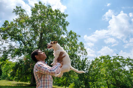 Young African American man throws Jack Russell terrier dog in park outdoors in summer. Walking in park in summer, low angle viewの写真素材
