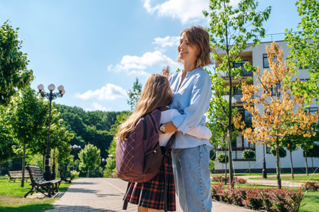 Back to school. Caucasian pupil girl with backpack and uniform hugging her smiling mother on the street before go to the school.の写真素材