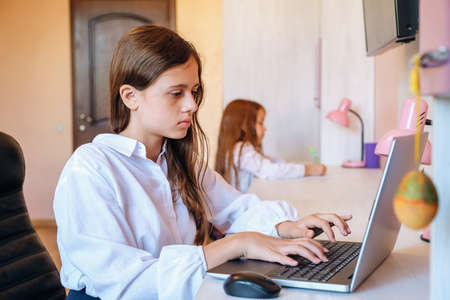 Schoolgirl studying homework during her online lesson at home. Online education conceptの写真素材