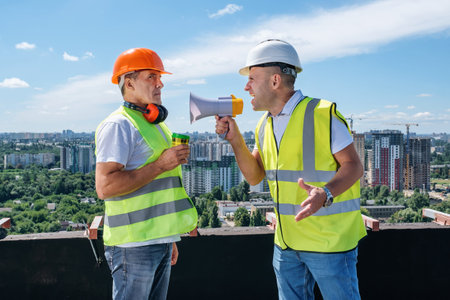 Angry boss yelling in megaphone at his builder because he made mistake on construction on the urban...