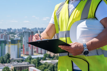 Close up hands of mature man, holding clipboard and white hardhat, inspecting the construction site and writing notes with a pen on the background of urban construction, copy space for textの写真素材