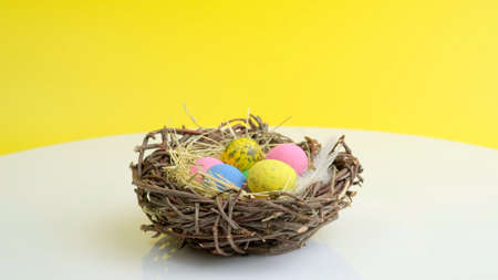 Easter eggs in nest. Holiday celebration concept. Minimal holiday season concept, yellow background, copy spaceの写真素材