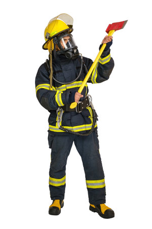 Full body of unrecognizable firefighter in protective helmet and uniform with axe and safety equipment isolated on white backgroundの写真素材
