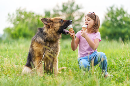 Cute little girl eating ice cream and feeding it to her shepherd dog sitting on the grass in the park in summer. High quality photo, blurred background.の写真素材