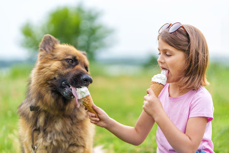 Cute little girl eating ice cream and feeding it to her shepherd dog sitting on the grass in the park in summer close up. High quality photo, blurred background.の写真素材