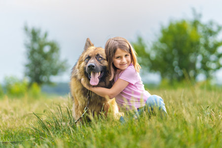 Smiling cute little girl hugs a shepherd dog while looking at the camera, sitting on the grass in a summer park. High quality photoの写真素材