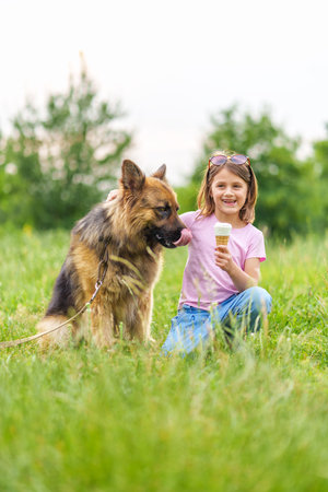 Smiling cute little girl eating ice cream and hugging a shepherd dog sitting on the grass in the park in summer. High quality photo, blurred background, vertical orientationの写真素材