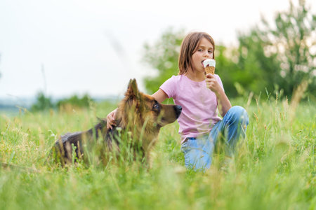 Cute little girl eating ice cream and hugging a shepherd dog sitting on the grass and looking at the camera in the park in summer. High quality photo, blurred backgroundの写真素材