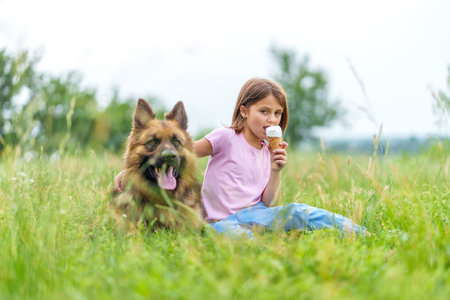 Cute little girl sitting with shepherd dog on the grass in the park and eating ice cream cone. High quality photo, blurred backgroundの写真素材