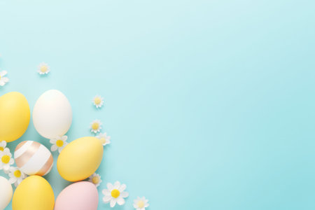 Easter holiday greeting card. Top view photo of pastel blue, violet and yellow Easter eggs and white gypsophila flowers on pink table.の素材