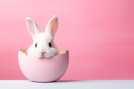 White Easter bunny in Pastel pink shell of Easter egg on the pink background with copy spaceの素材