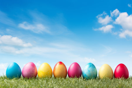 Spring background with row of Easter eggs in green grass on blue sky background with copy spaceの素材