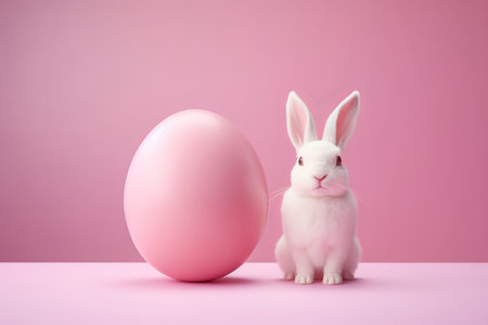 Easter bunny and pink Easter egg on the pink background with copy space for textの素材