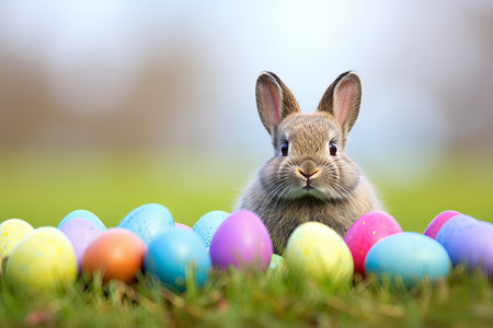 Easter holiday greeting card. Easter bunny and Pastel blue, violet and green Easter eggs on the grass with copy space for textの素材