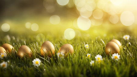 Spring background with row of golden colored Easter eggs in green grass, copy spaceの素材
