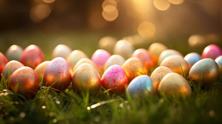 Spring background with row of colorful golden Easter eggs in green grass, copy spaceの素材