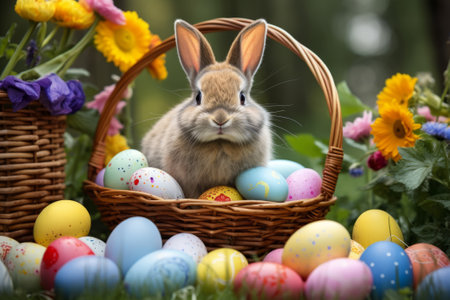 Festive Easter Bunny in a Bountiful Basket of Colorful Eggs on Green Grassの素材