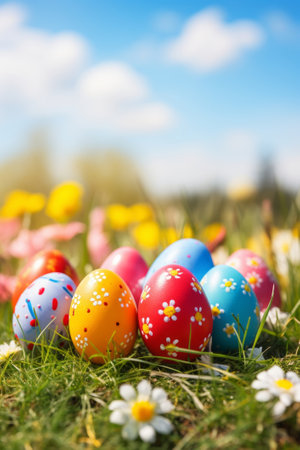 Spring background with sky, clouds and row of Easter eggs in green grass, vertical orientationの素材