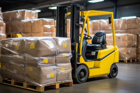 Forklift Loader Transporting and Loading Cardboard Boxes in Warehouse Facilityの素材