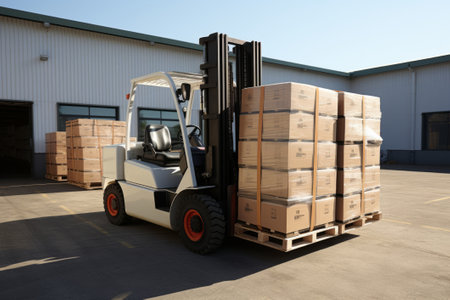 Forklift Loader Transporting and Loading Cardboard Boxes in Warehouse Facilityの素材
