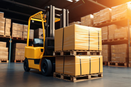 Forklift Loader Transporting and Loading Cardboard Boxes in Warehouse Facilityの素材