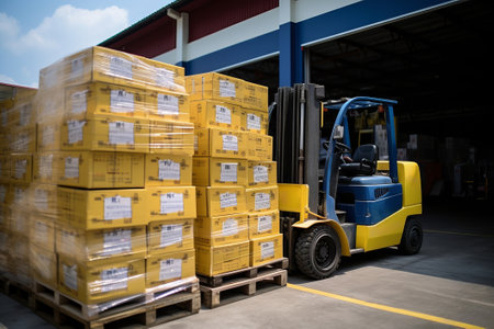 Forklift Loader Transporting and Loading Cardboard Boxes in Warehouse Facilityの素材
