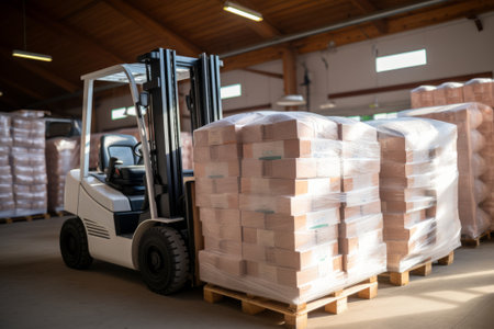 Forklift Loader Transporting and Loading Cardboard Boxes in Warehouse Facilityの素材