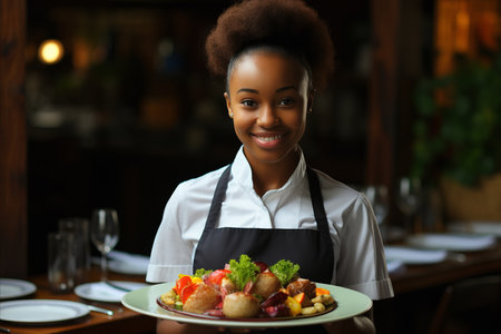 African-American waitress with platter of food welcoming guests in successful catering restaurantの素材