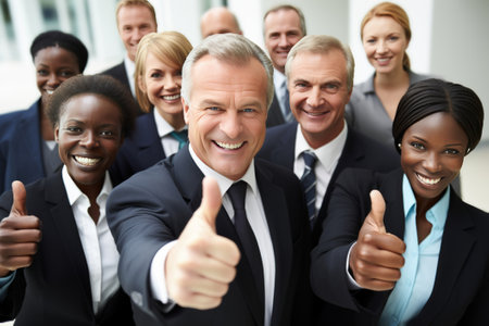 Portrait of a group of business people showing thumbs up with their arms crossedの素材