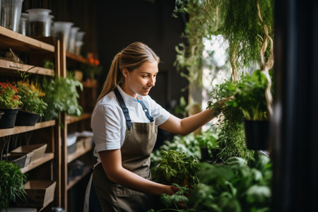 Young woman florist in apron working in flower shop.の素材