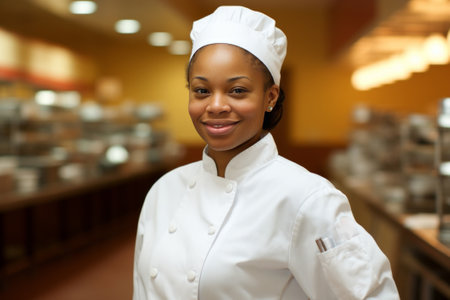 Woman Chef Standing in Kitchen Preparing Foodの素材