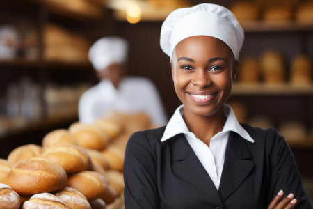 Woman Standing in Front of a Pile of Breadの素材