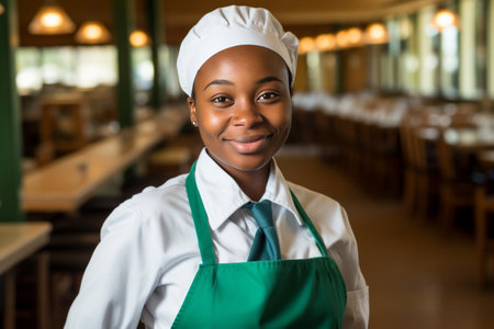 Woman Wearing Apron and Chefs Hat in Professional Kitchenの素材